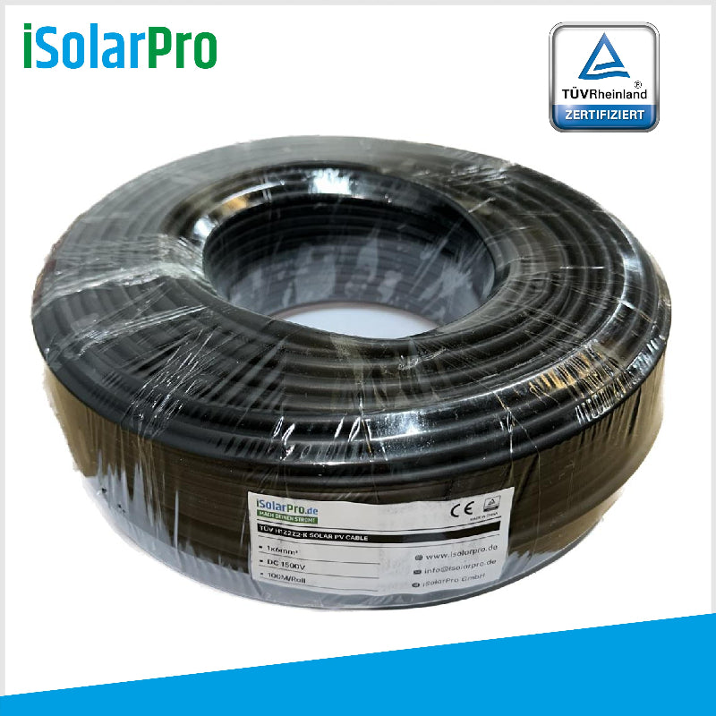 100m ISOLARPRO Solarkabel 6 mm² Photovoltaik Kabel für Solaranlagen schwarz
