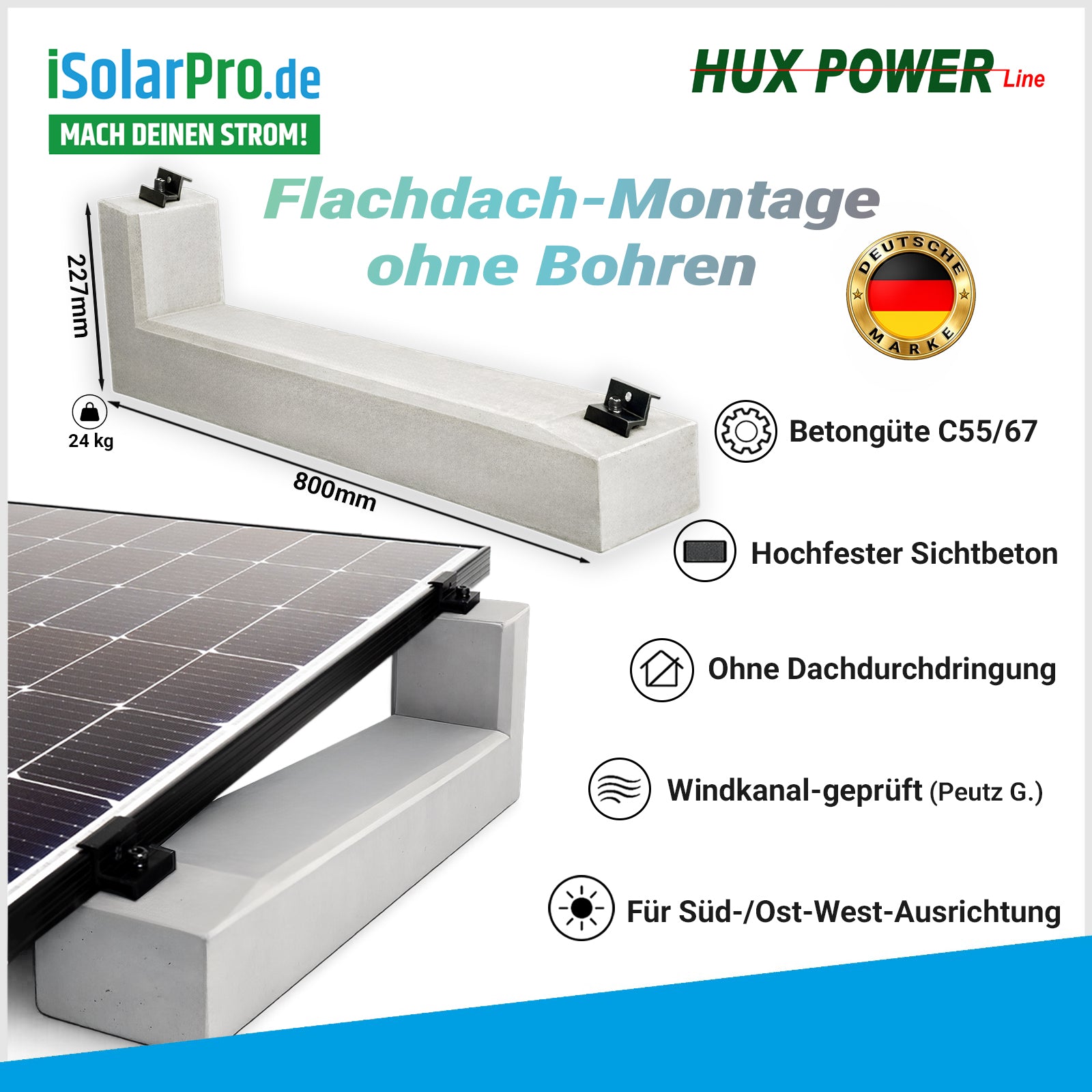 10 Grad HUX-POWER Flachdach Aufständerung aus Feinbeton Naturgrau für PV Solarmodule