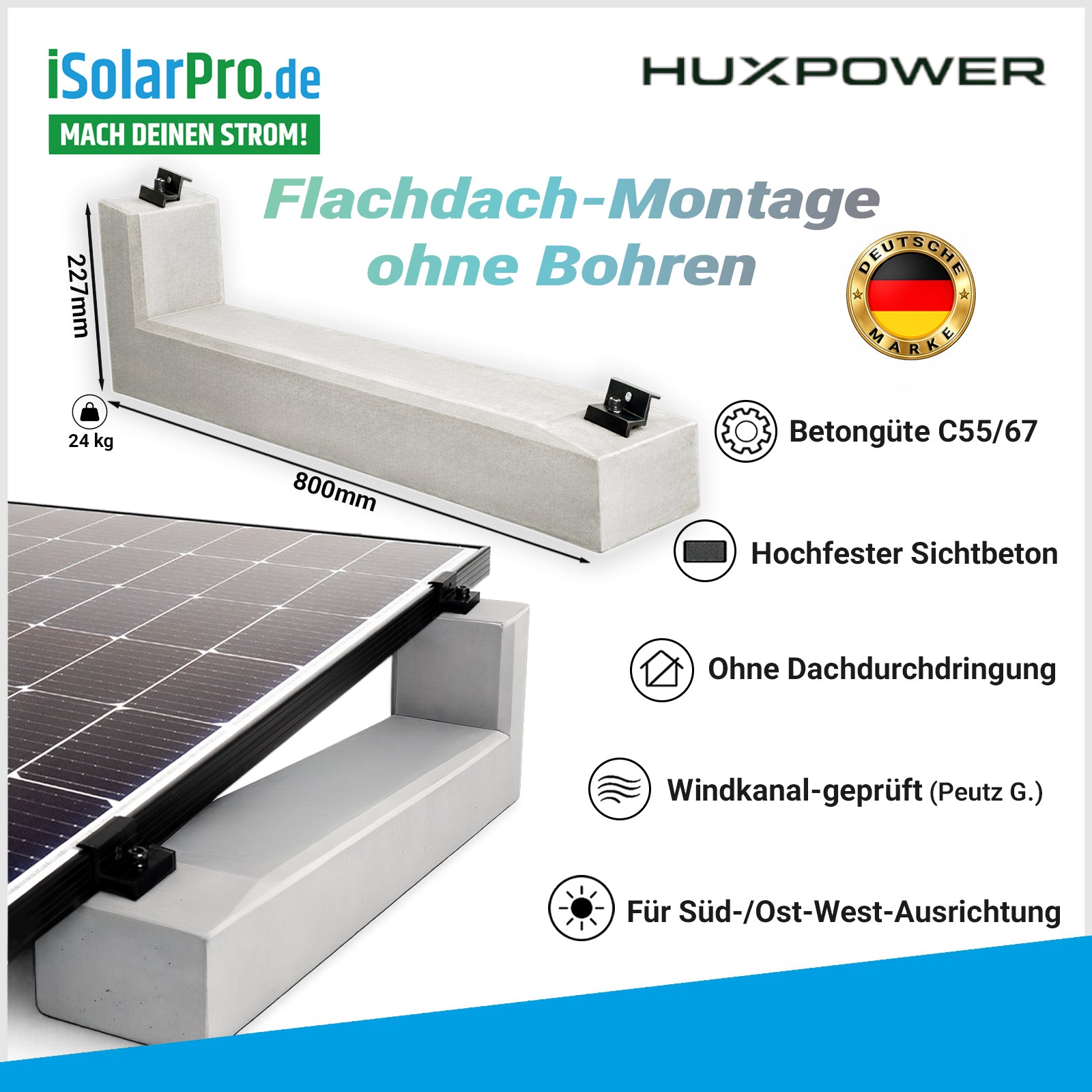 HUX-POWER® 10° PV-Aufständerung für 2-Solarmodule im Reihenaufbau inkl. Klemmen und Bautenschutzmatten