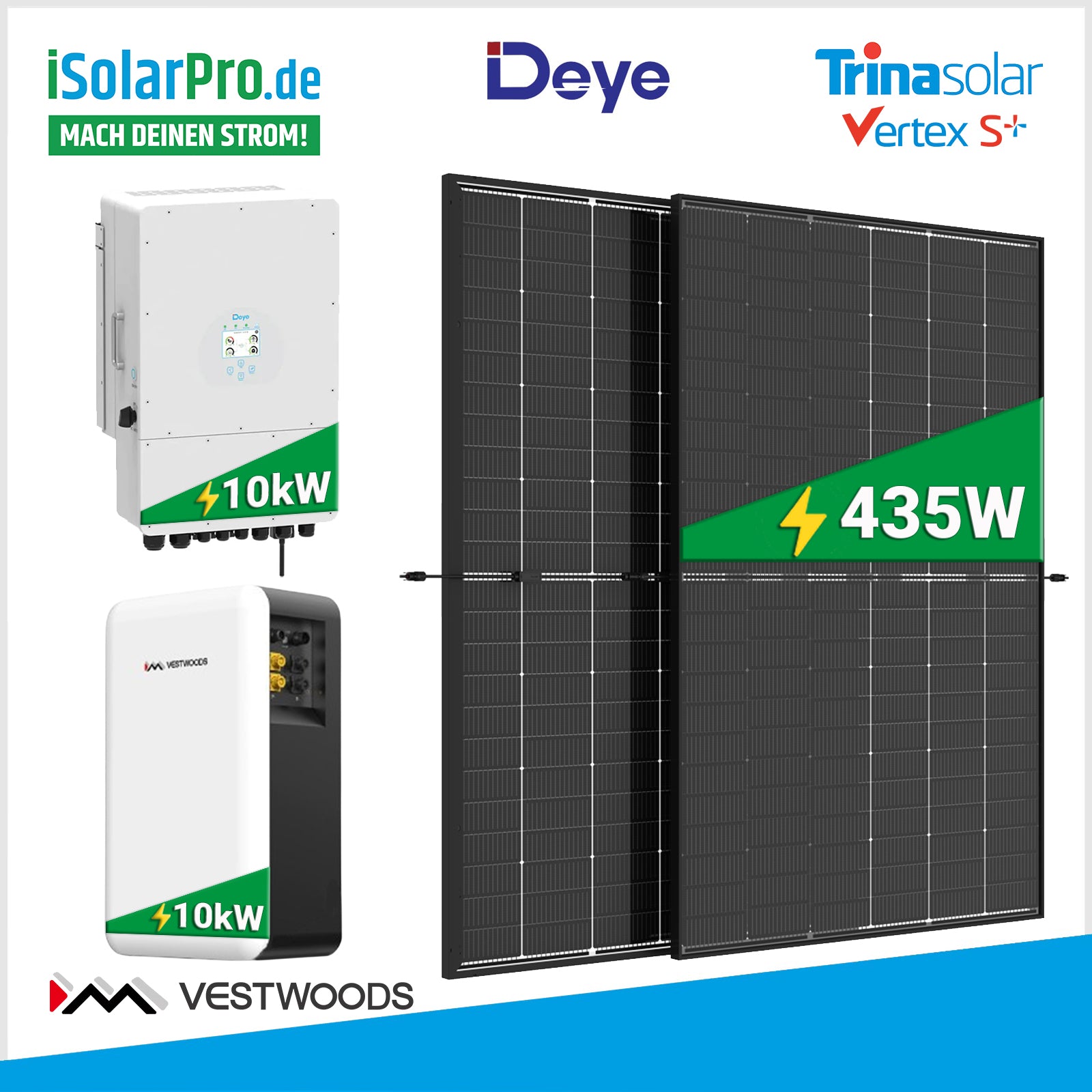 10 kW PV-Anlage Set 24 x 435W Trina Vertex S+, 10 kW Deye Wechselrichter + 10kWh VESTWOODS Solar Stromspeicher Niedervoltbatterie