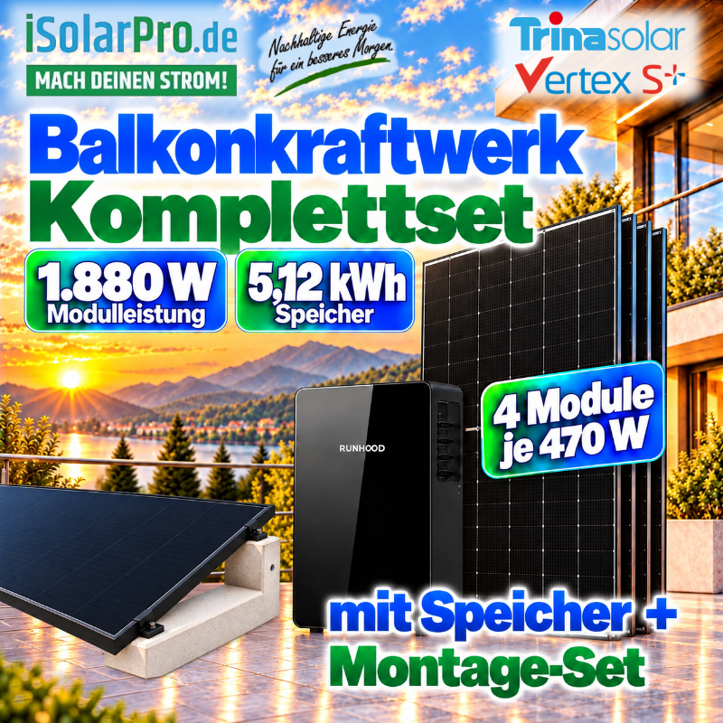 800W | 1880Wp Steckerfertiges RUNHOOD Balkonkraftwerk-Komplettset mit 5,12 kWh Speicher | 4x Trina 470W | HUXPOWER® Flachdachmontage | komplett inkl. Zubehör