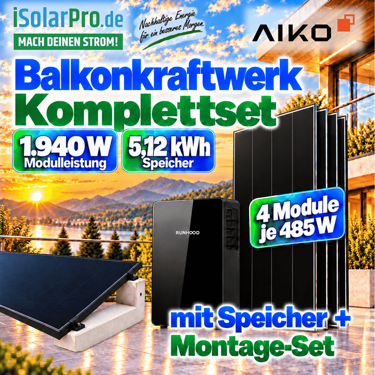 800W | 1940Wp | 5,12kWh RUNHOOD SOMMAR R5200 Ost/West Flachdach-Balkonkraftwerk-Set: 4× 485W AIKO Neostar 3P+54 + Smart Meter + HUX-POWER® 10° Beton-Aufständerung
