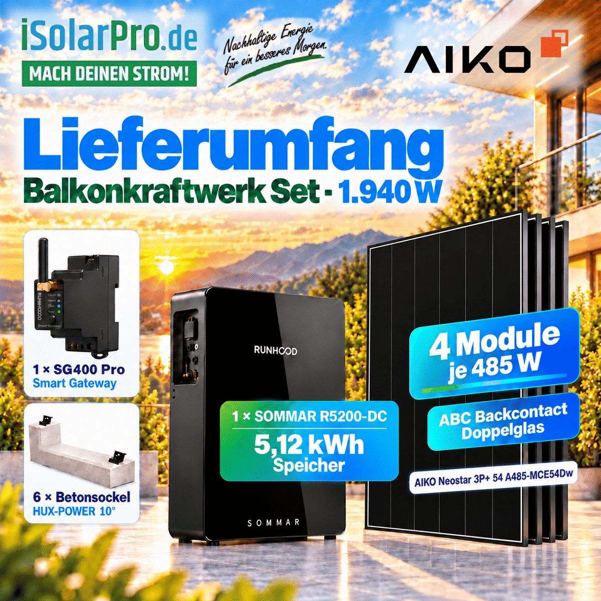800W | 1940Wp | 5,12kWh RUNHOOD SOMMAR R5200 Ost/West Flachdach-Balkonkraftwerk-Set: 4× 485W AIKO Neostar 3P+54 + Smart Meter + HUX-POWER® 10° Beton-Aufständerung