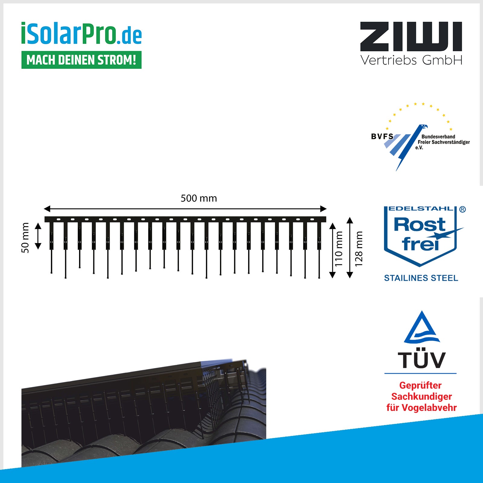 1 reihige fallende Solar Taubenabwehr-Spikes SCHWARZ 50 cm lang aus Edelstahl