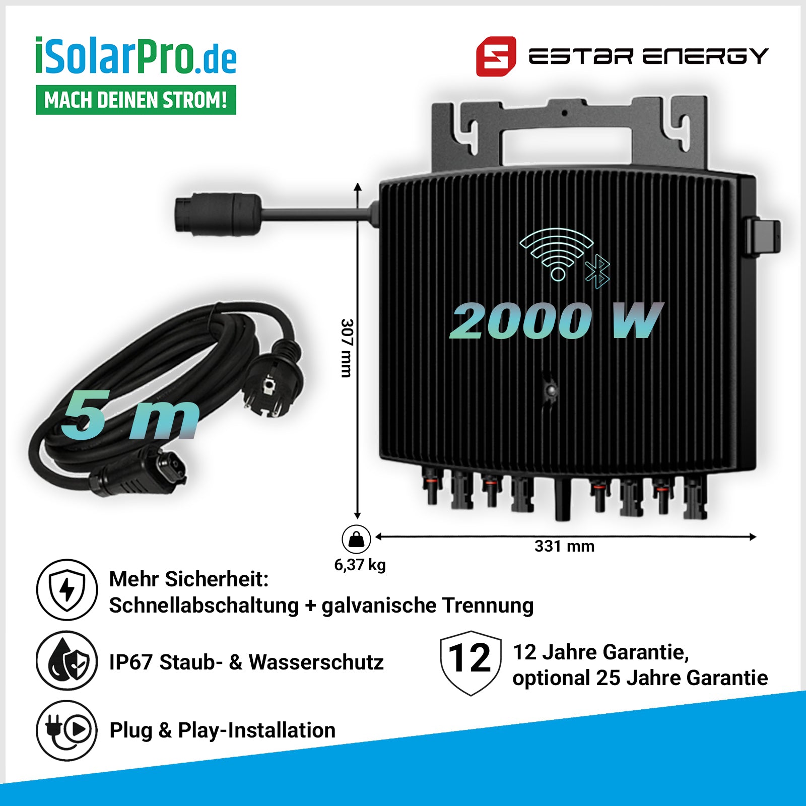 2000W ESTAR Energy ES-2000-W · 2000 VA Mikrowechselrichter · 4 MPPT · WiFi/Bluetooth · IP67