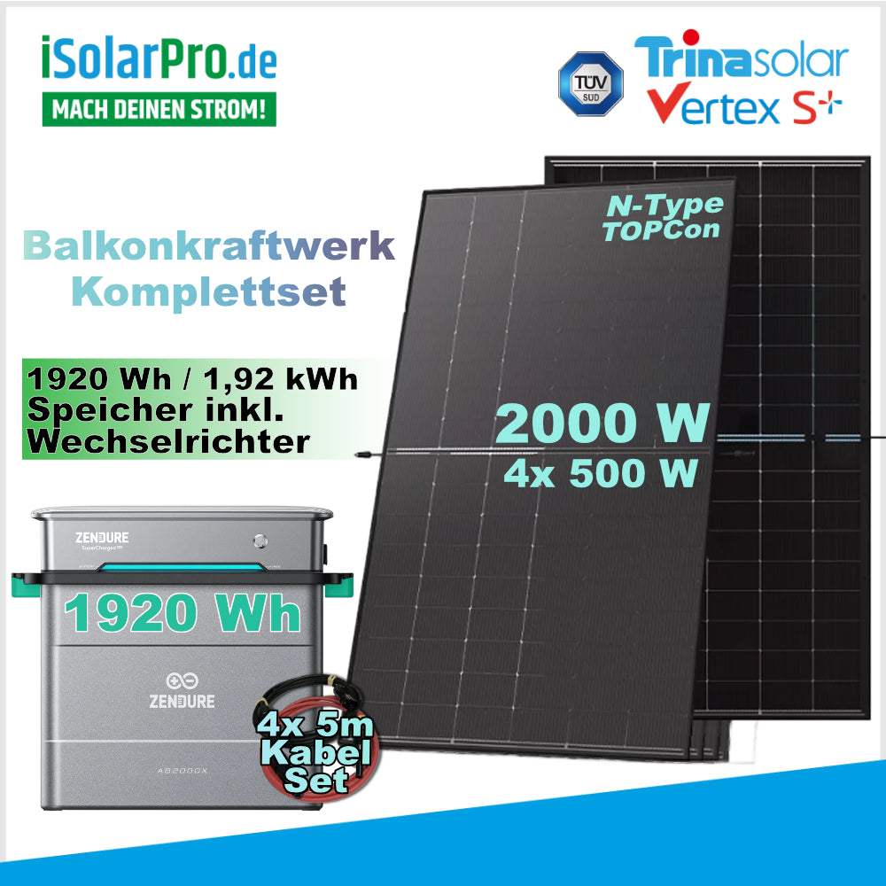2000/ 800W Balkonkraftwerk Komplettset mit 4x 500W Trina Solar Vertex S+ + 1920Wh Zendure Solar Speicher AB2000X + Zendure SolarFlow Hybrid-Inverter-Hyper 2000