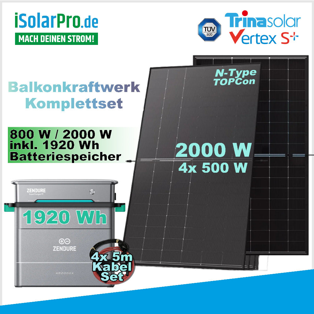 2000/ 800W Balkonkraftwerk Komplettset mit 4x 500W Trina Solar Vertex S+ + 1920Wh Zendure Solar Speicher AB2000X + Zendure SolarFlow Hybrid-Inverter-Hyper 2000