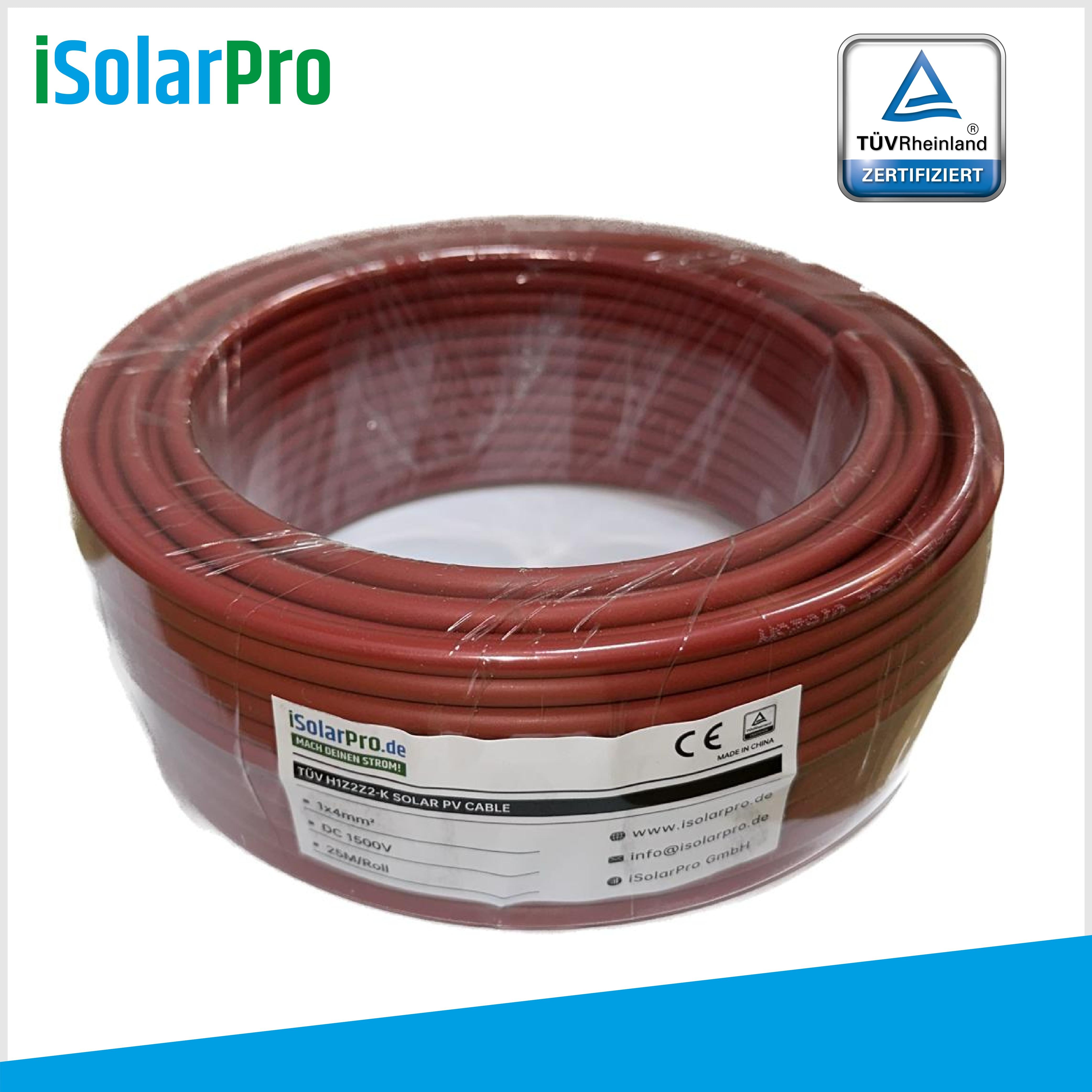 25m Solarkabel 4 mm² Photovoltaik Kabel für PV Anlagen rot