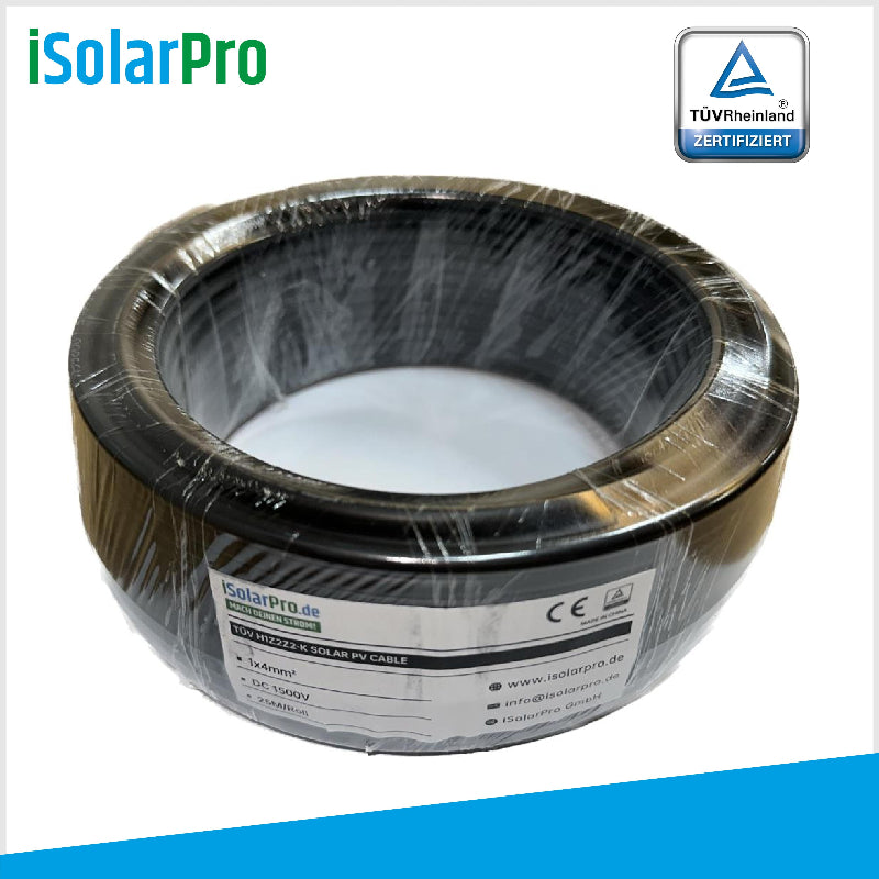 25m ISOLARPRO Solarkabel 4 mm² Photovoltaik Kabel für PV Anlagen schwarz
