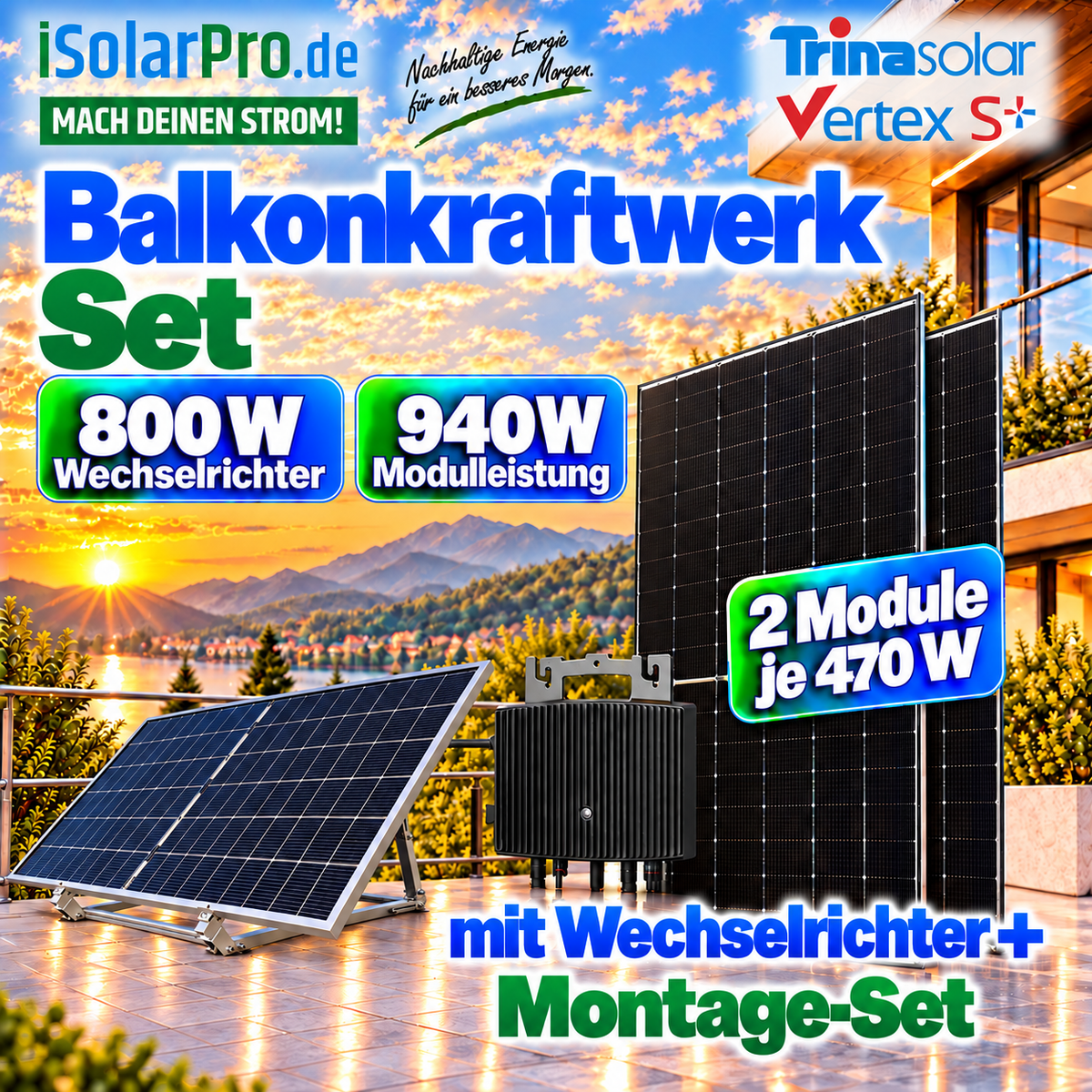 800W | 940Wp Balkonkraftwerk-Set steckerfertig: 2x 470W Trina Vertex S+ TSM-470NEG9R.28 + 1x ESTAR ENERGY ES-800-W Mikro Wechselrichter + HUXPOWER® 3.0 Balkonkraftwerk universal Solarmodul-Halterung