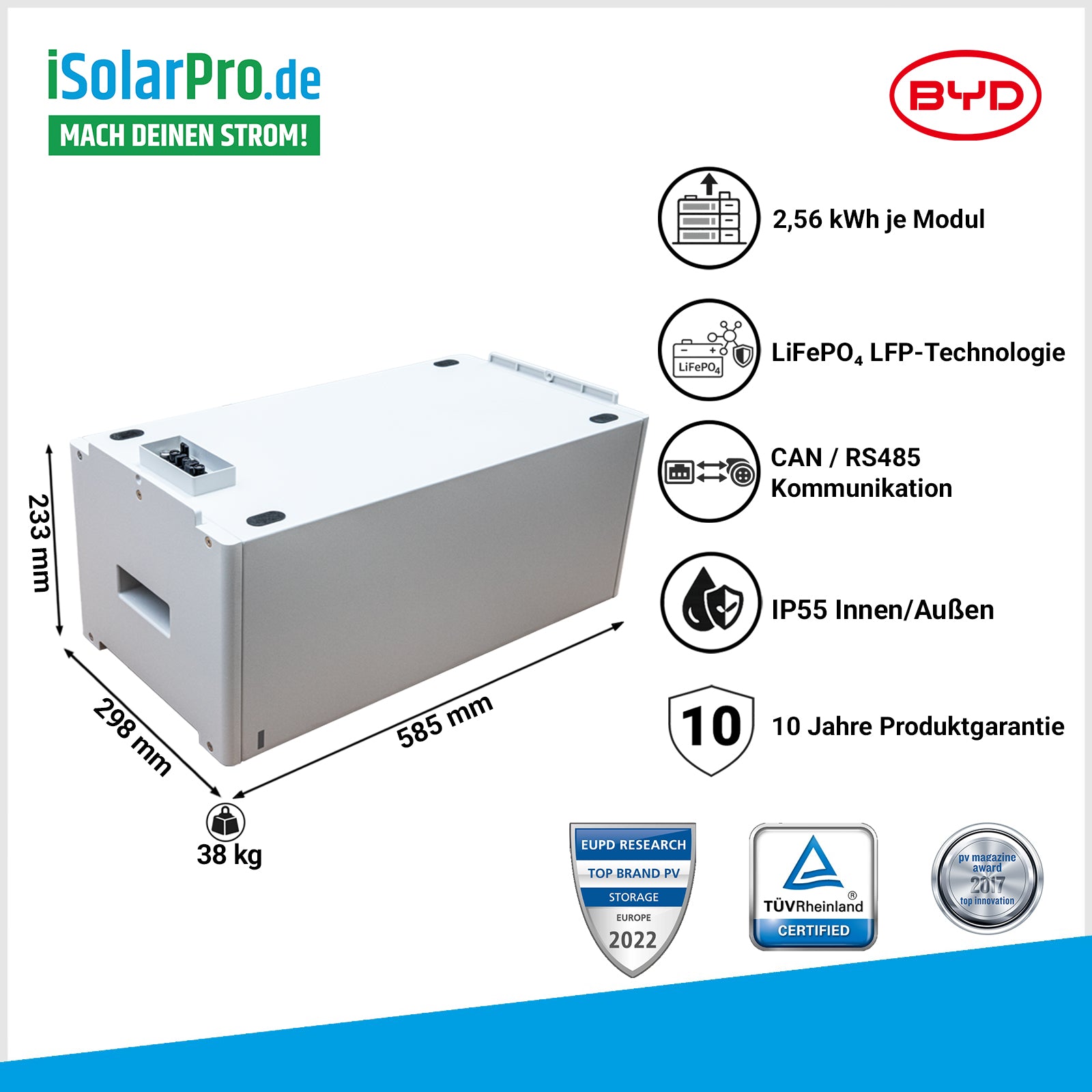 2,56kWh BYD Batterie Photovoltaik Speicher Batteriemodul 2,56 kWh HVS LiFePO4 IP55