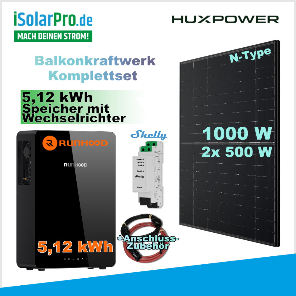 800W | 1000Wp | 5,12kWh RUNHOOD SOMMAR R5200 Balkonkraftwerk-Set: 2× 500W HUXPOWER® HPTB500 + Solar-Speicher + Shelly Pro 3EM