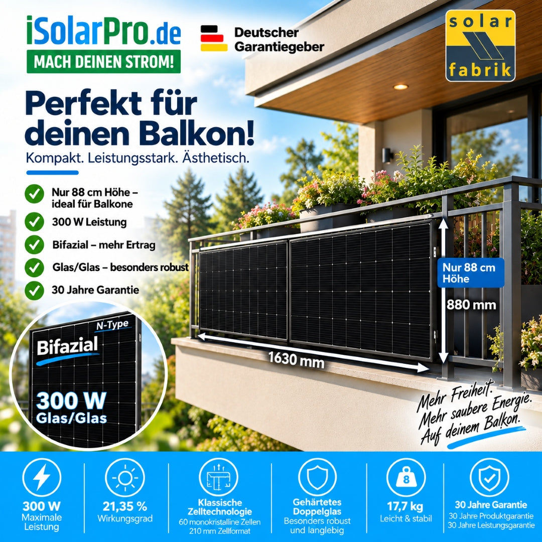 iSolarPro Solar Fabrik 300W Bifazial Glas/Glas Solarmodul für Balkon