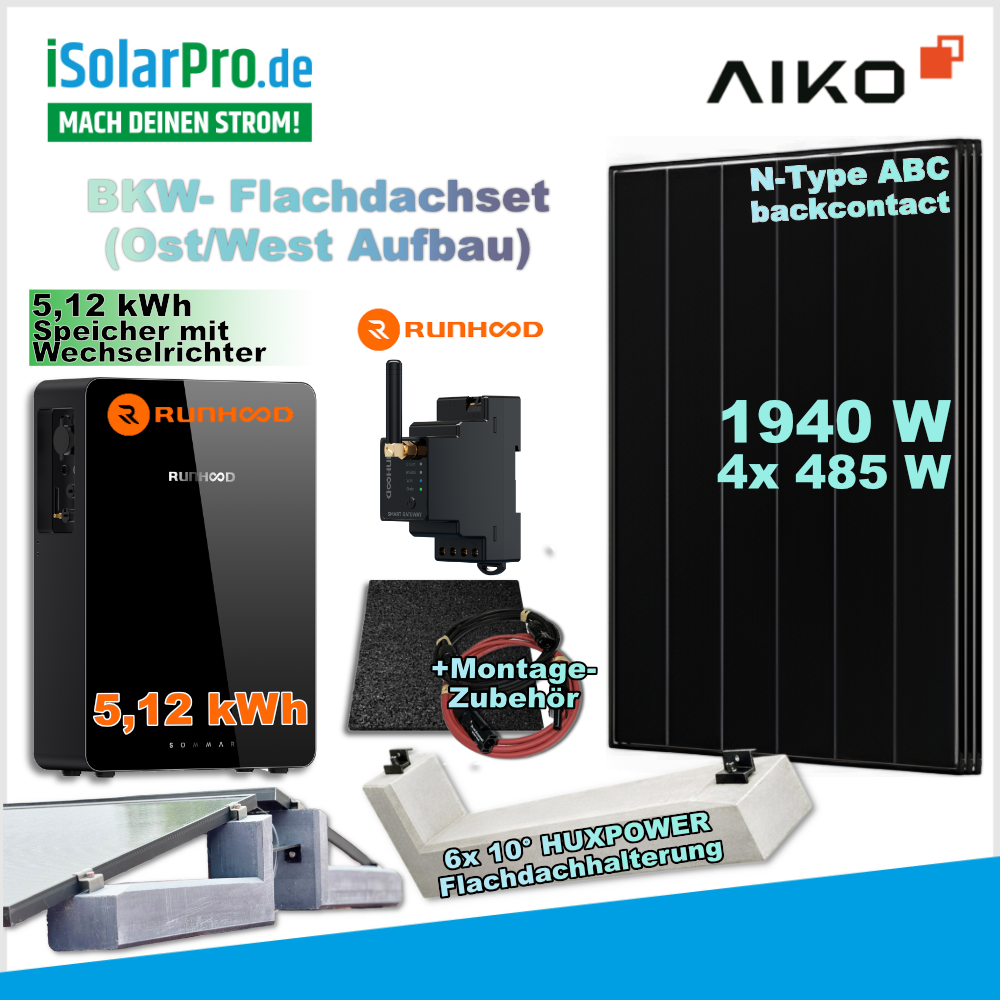 BKW Flachdachset Ost/West mit 4x 485W AIKO Module, Runhood 5,12 kWh Speicher und HUXPOWER Halterung