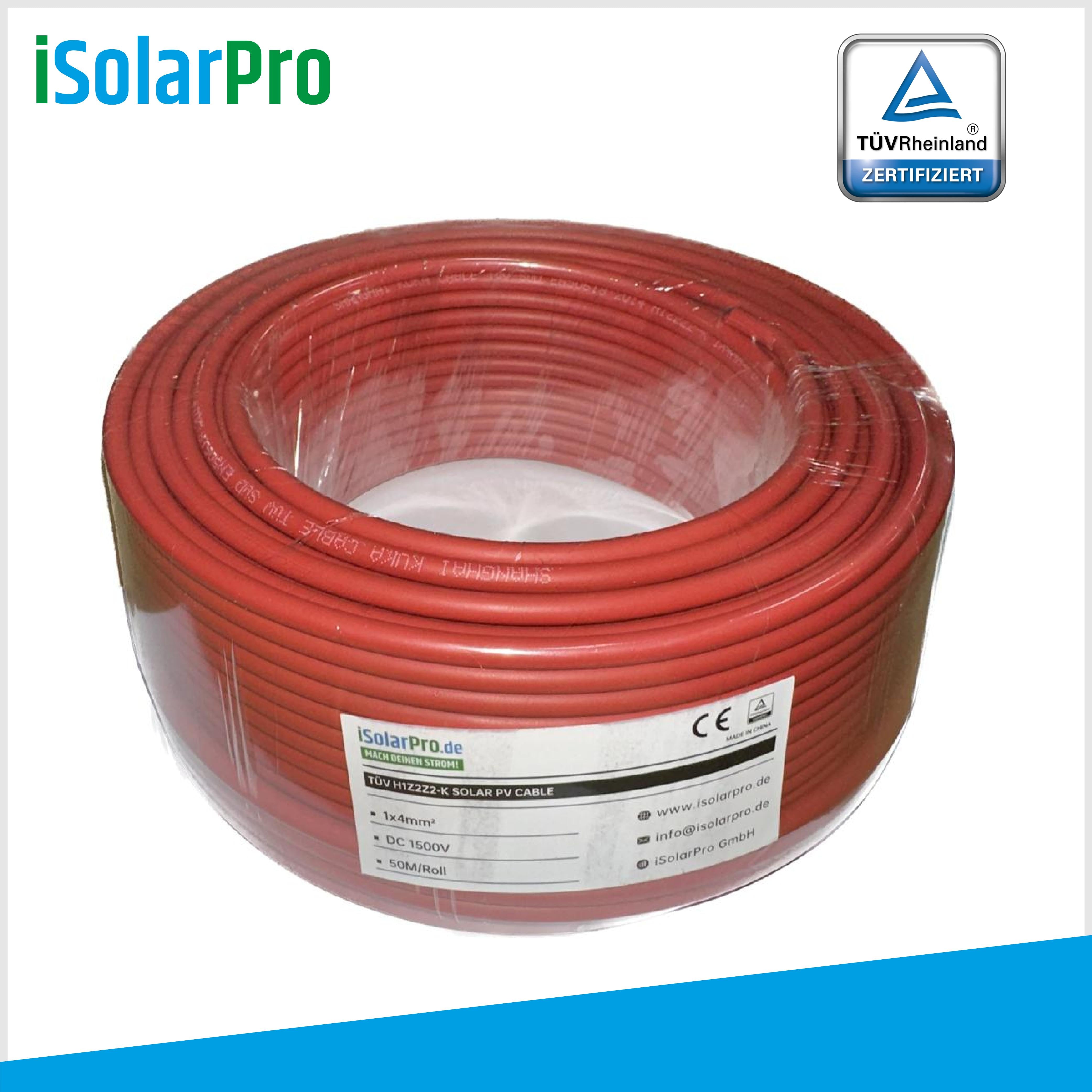 50m Solarkabel 4 mm² Photovoltaik Kabel für PV Anlagen rot