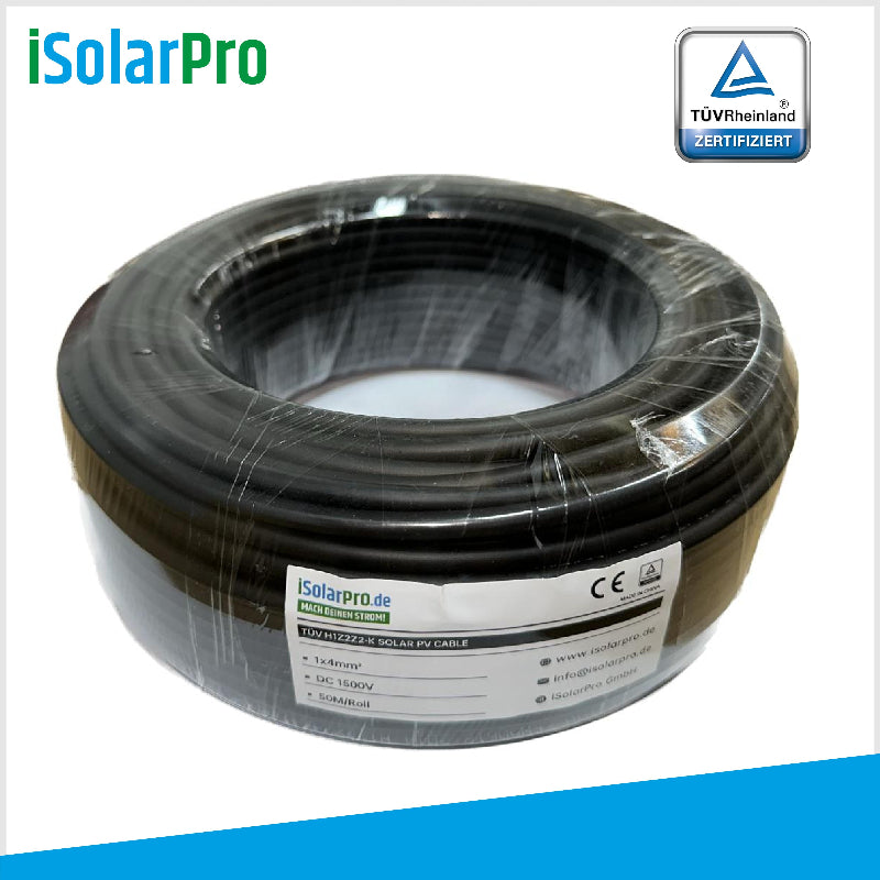 50m ISOLARPRO Solarkabel 4 mm² Photovoltaik Kabel für PV Anlagen schwarz