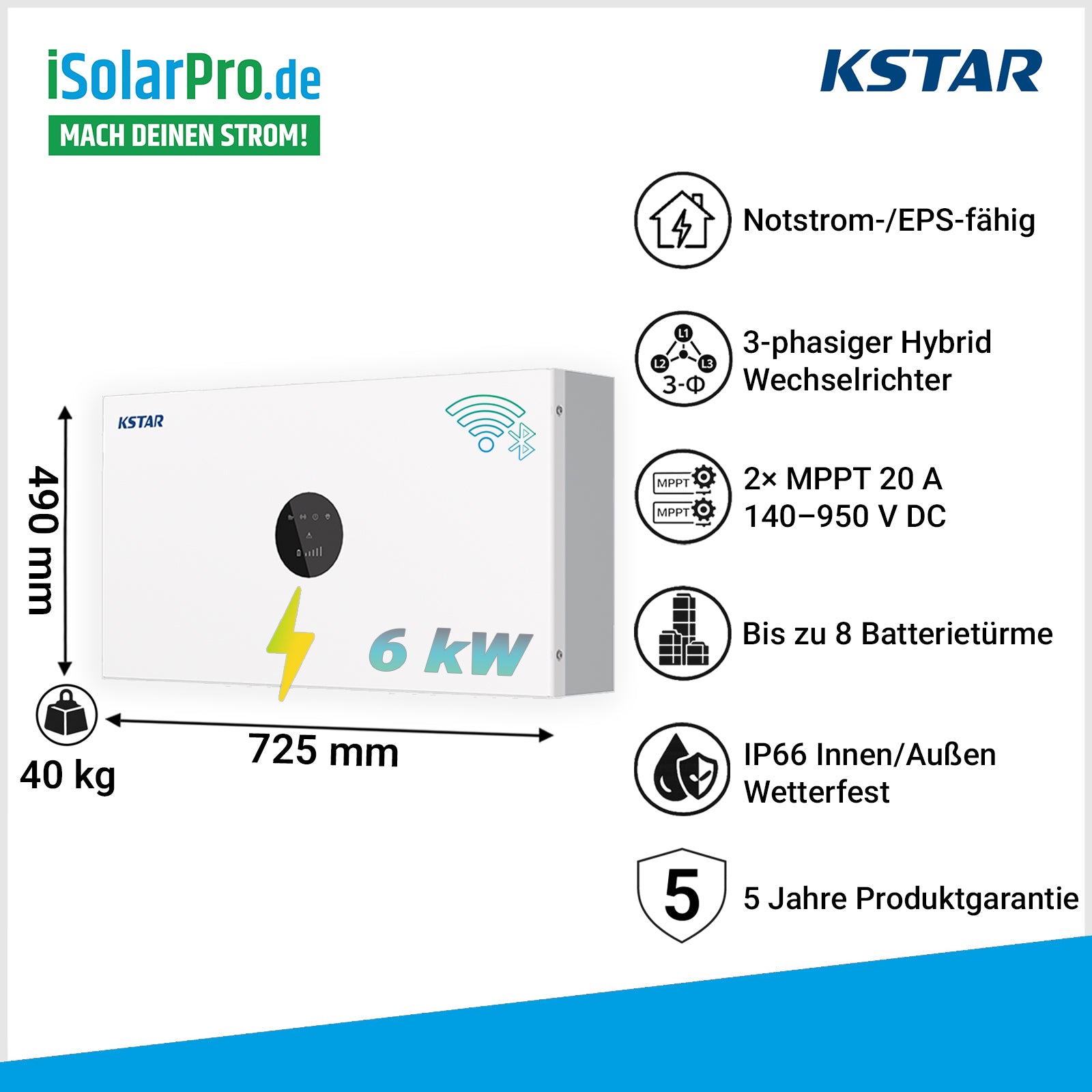 6kW KSTAR Hybrid Wechselrichter E6KT-D22 – 3-Phasen 2 MPPT 1000V IP66 WiFi