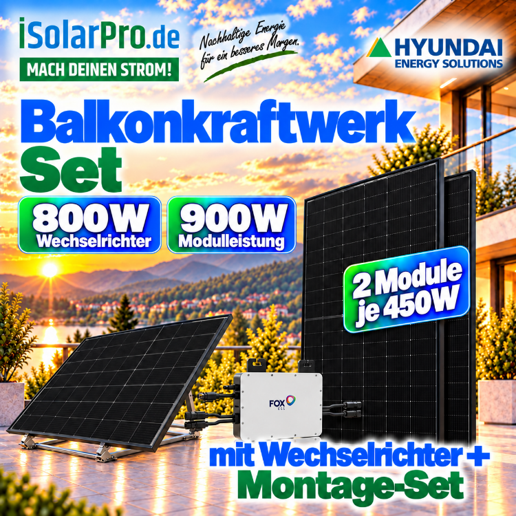 800W | 900Wp Balkonkraftwerk - Set | 2x 450W Hyundai HiT-H450CE-BF + 800W FOX ESS M1-800-E Mikro Wechselrichter + 5m Kabel + HUXPOWER® 3.0 Balkonkraftwerk universal Solarmodul-Halterung