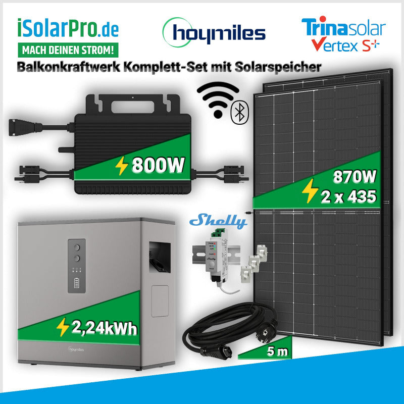 800W/2240kWh Balkonkraftwerk mit Hoymiles Batterie + 2x 435W Trina VertexS+ Solarmodule + Wechselrichter + Smartmeter