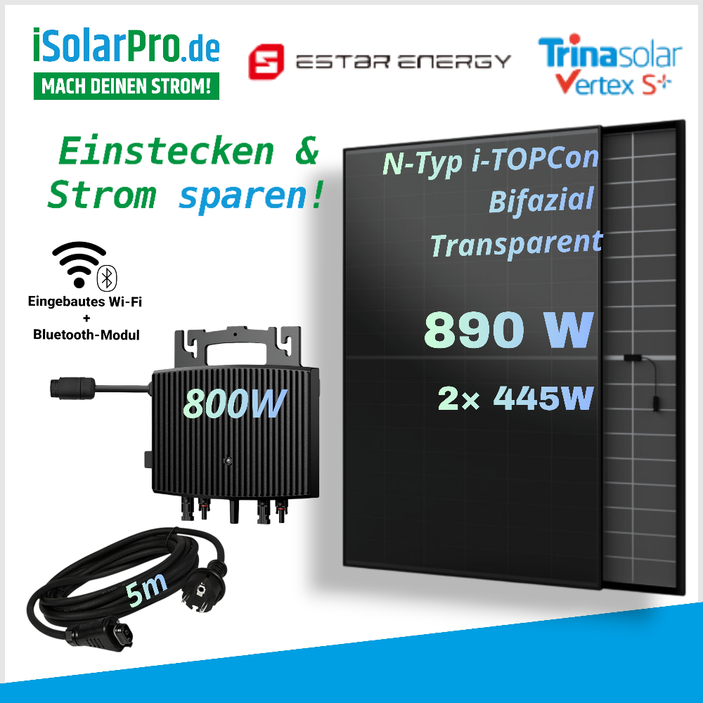 890W Balkonkraftwerk 445W Trina Vertex S+ mit ESTAR 800W Wechselrichter