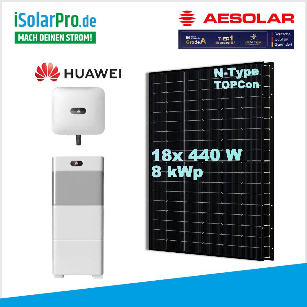 8 kW Solaranlage Set / 18x 440W AESOLAR HORIZON Solarmodule + 8 kW HUAWEI Wechselrichter + 5 kW HUAWEI Batterie