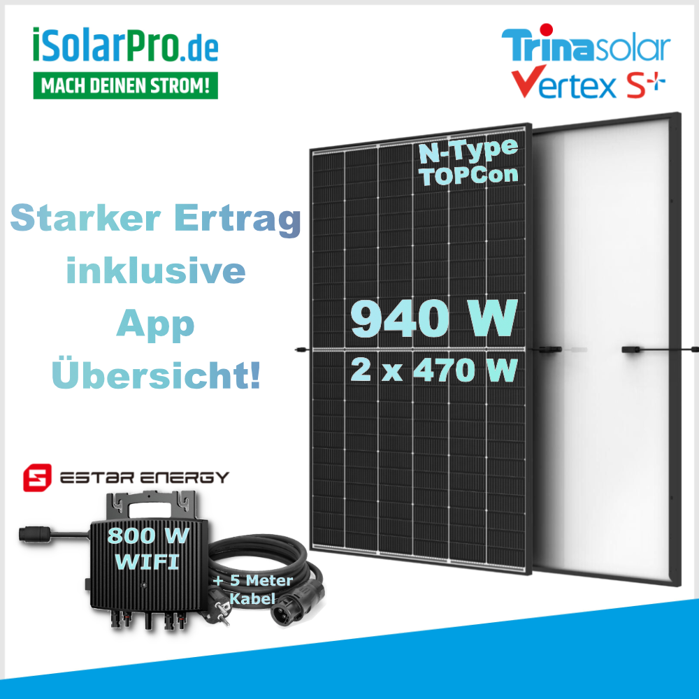 930/ 800W Balkonkraftwerk - Set | 2x 465W AIKO Neostar 2P+ + 800W ESTAR ENERGY ES-800-W Mikro Wechselrichter