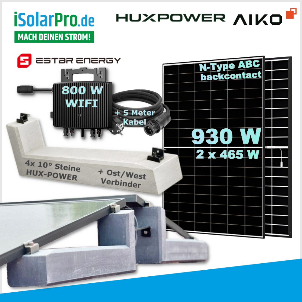 930/ 800W Balkonkraftwerk-Set – steckerfertig: 2x 465W AIKO Neostar 2P+ Solarmodul + 1x ESTAR ENERGY ES-800-W Mikro Wechselrichter + HUX-POWER® 10° – Flachdachaufständerung für 2-Solarmodule im Ost-West Aufbau