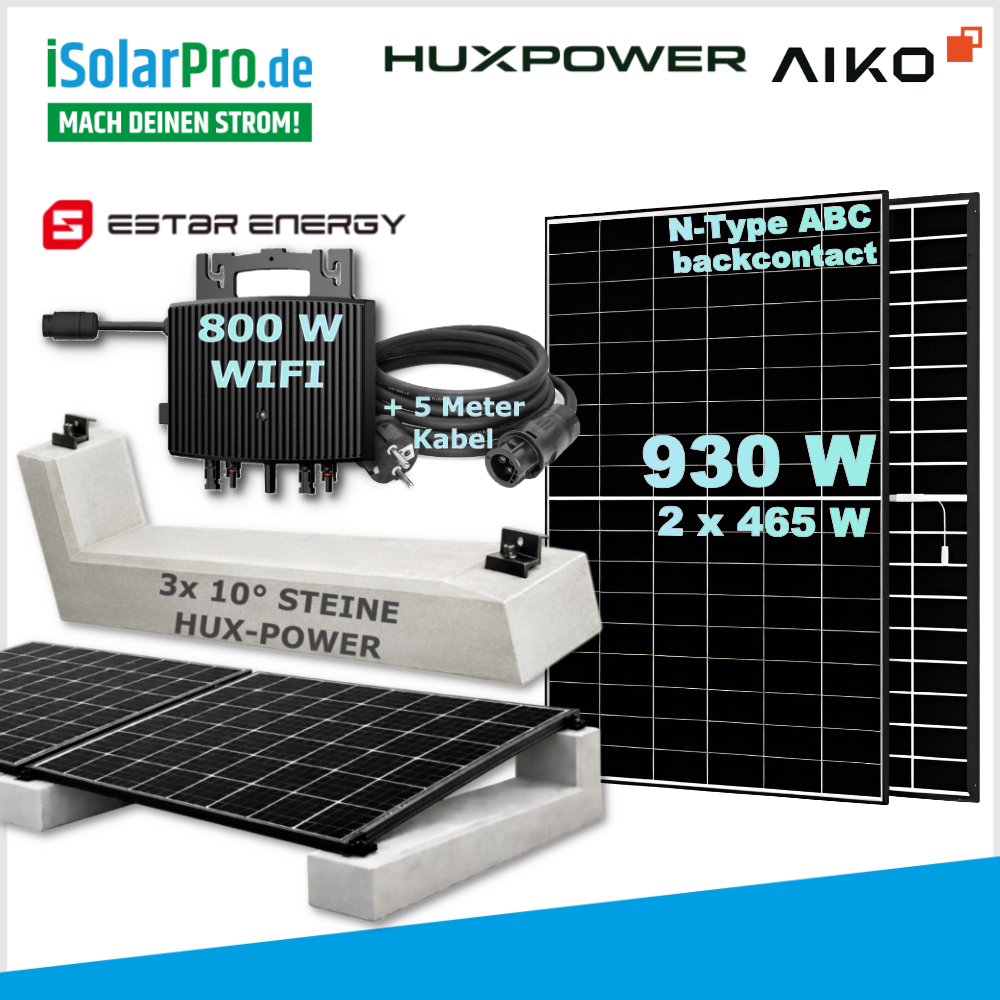 930/ 800W Balkonkraftwerk-Set ā steckerfertig: 2x 465W AIKO Neostar 2P+ Solarmodul + 1x ESTAR ENERGY ES-800-W Mikro Wechselrichter + HUX-POWERĀ® 10° ā FlachdachaufstƤnderung für 2-Solarmodule im Reihenaufbau