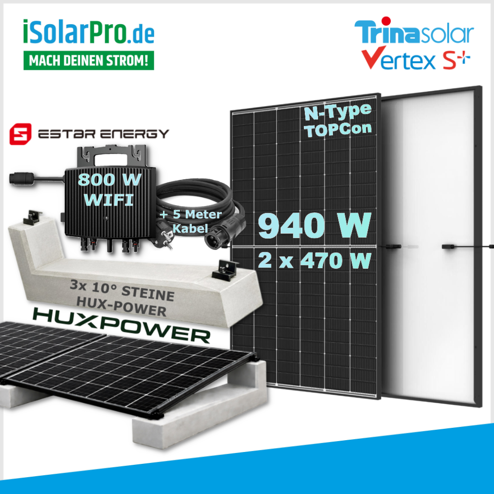 930/ 800W Balkonkraftwerk-Set – steckerfertig: 2x 465W AIKO Neostar 2P+ Solarmodul + 1x ESTAR ENERGY ES-800-W Mikro Wechselrichter + HUX-POWER® 10° – Flachdachaufständerung für 2-Solarmodule im Reihenaufbau