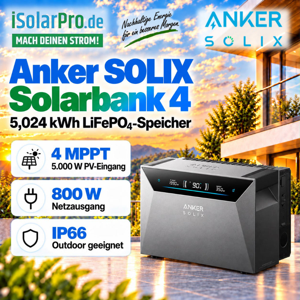 800W | 4000Wp | 5kWh ANKER SOLIX 4 Erweiterbares Balkonkraftwerk-Set: 8x 500W HUXPOWER® HPTB500 Solarmodul + Solarbank 4 E5000 Pro + Smart Meter Gen 2
