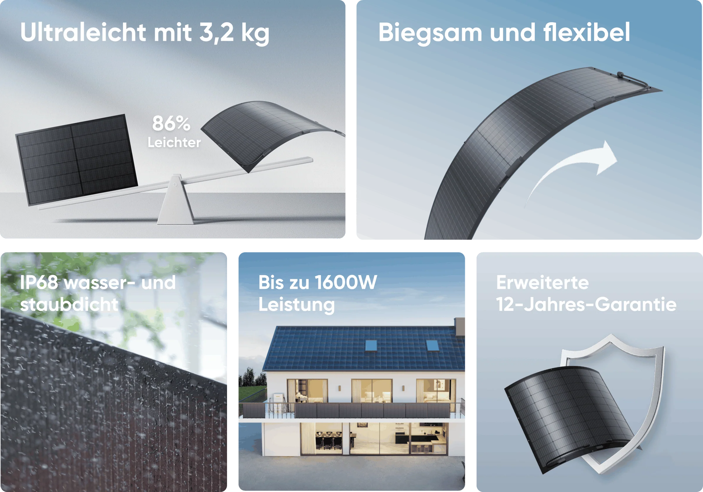 800W (200W*4) Jackery Flexibles Solarpanel Set / Balkonkraftwerk
800W Jackery Navi 2000 Balkonkraftwerk Komplettset mit 2kWh Speicher inkl. (200W*4) Flexibles Solarpanel Set