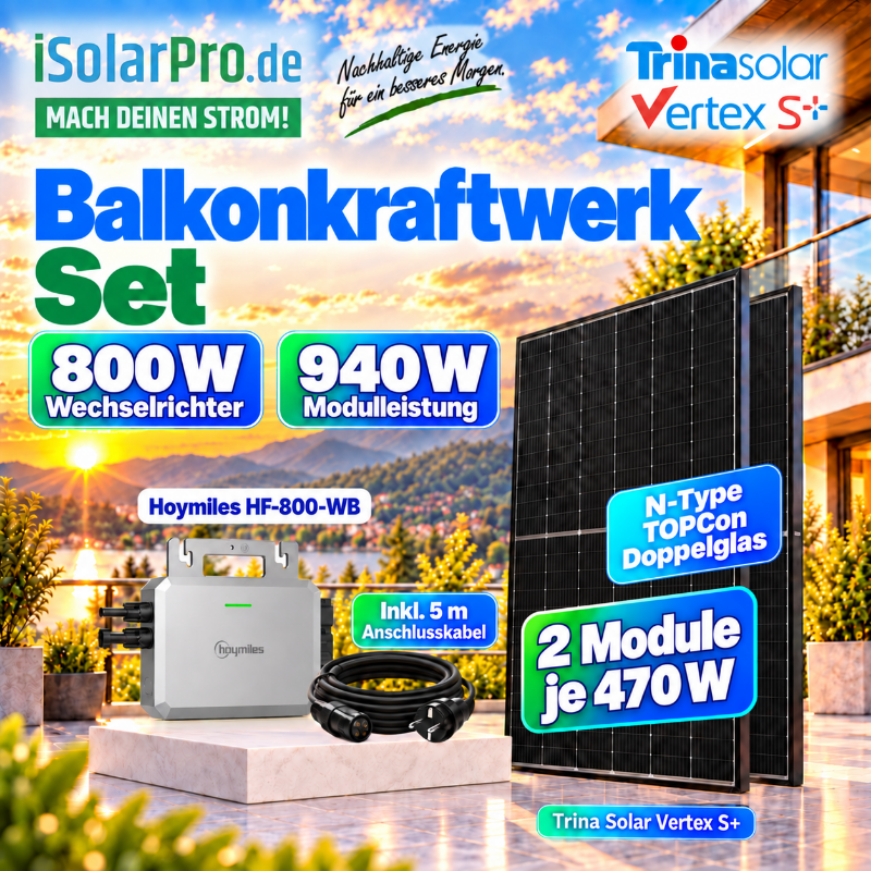 800W | 940Wp Balkonkraftwerk-Set: 2x 470W Trina Vertex S+ Solarmodul + 1x Hoymiles HF-800-WB Mikro Wechselrichter inkl. 5m AC-Kabel + 1x 2m MC-4 Verlängerungsset