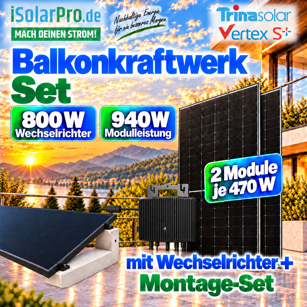 940W | 800Wp Balkonkraftwerk-Set – steckerfertig: 2x 470W Trina Vertex S+ Solarmodul + 1x ESTAR ENERGY ES-800-W Mikro Wechselrichter + HUX-POWER® 10° – Flachdachaufständerung für 2-Solarmodule im Reihenaufbau