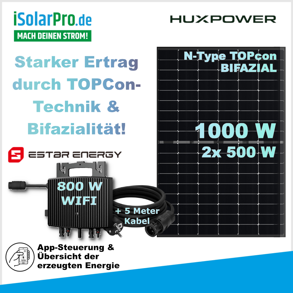 800W | 1000W Balkonkraftwerk-Set: 2x 500W HUXPOWER® HPTB500 Solarmodul + 1x ESTAR ENERGY ES-800-W Mikro Wechselrichter