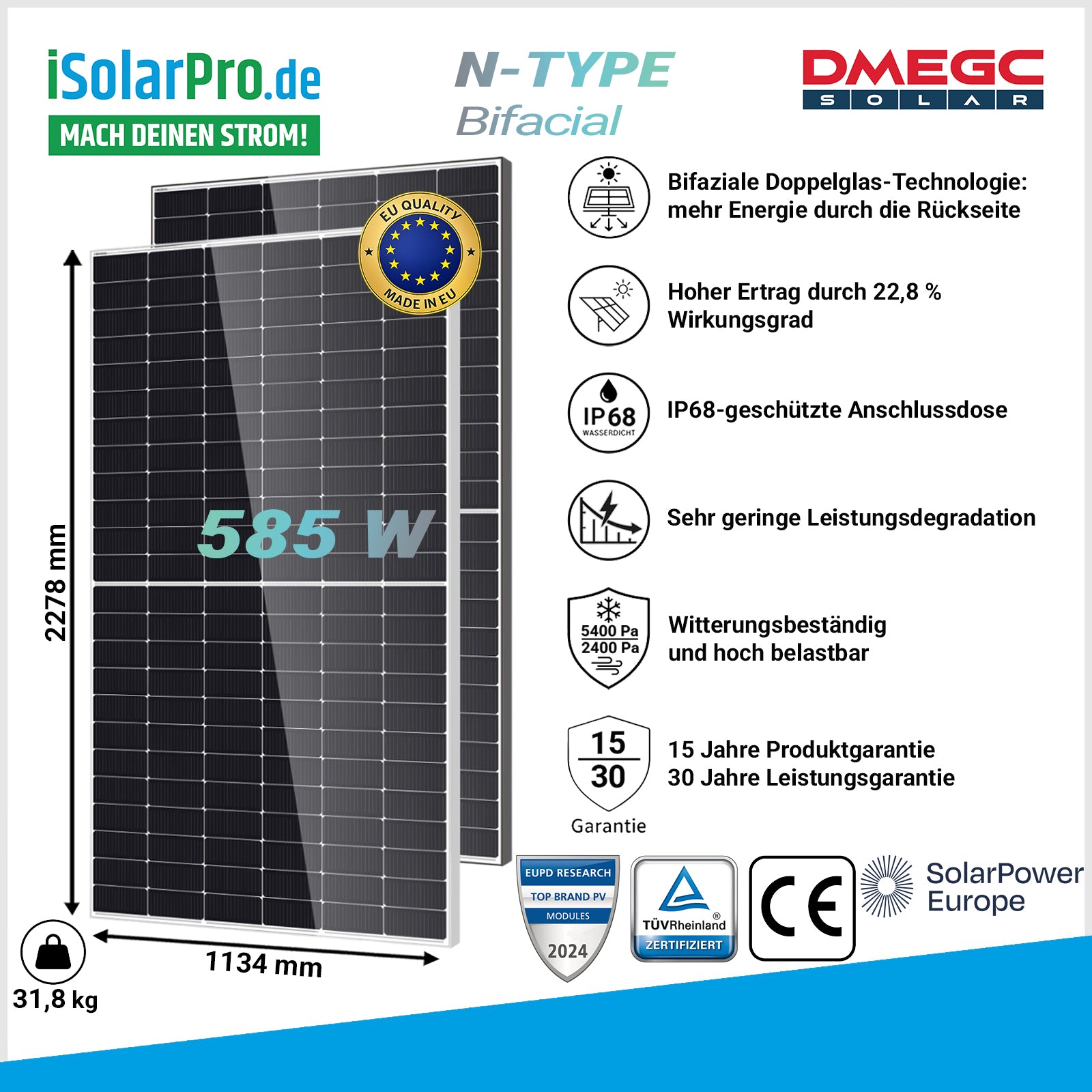 585W DMEGC DM585M10T-B72HSW Ā· bifaziales Glas/Glas Solarmodul Ā· N-Type