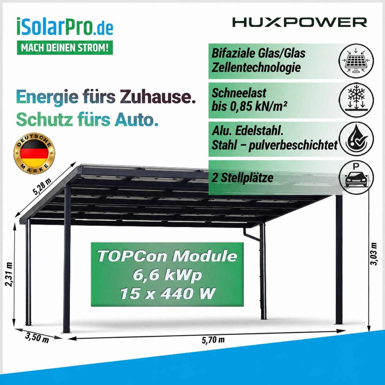 6.52 kW HUX-POWER Solar-Carport Double · 2 Stellplatz · 5280*3030*5700 mm ·inkl. 15x 435W SoliTek Solarmodule - Bifacial Glas-Glas TRANSPARENT