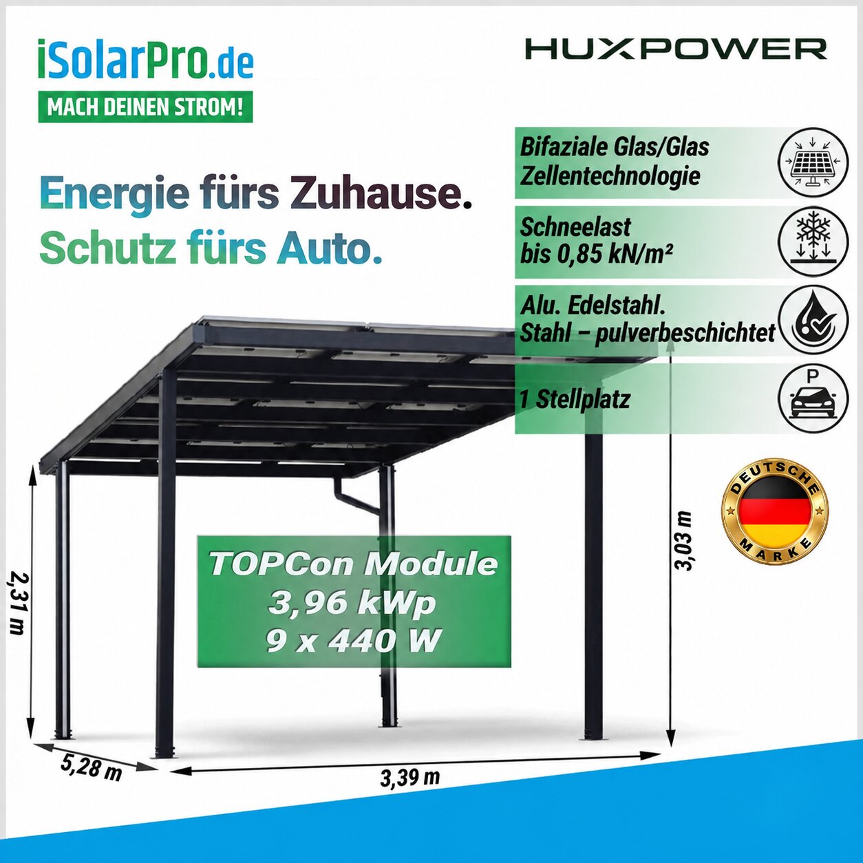 HUX-POWER Solar-Carport Single · 1 Stellplatz · 5280*3030*3390 mm ·inkl. 9x 435W SoliTek Solarmodule - Bifacial Glas-Glas TRANSPARENT