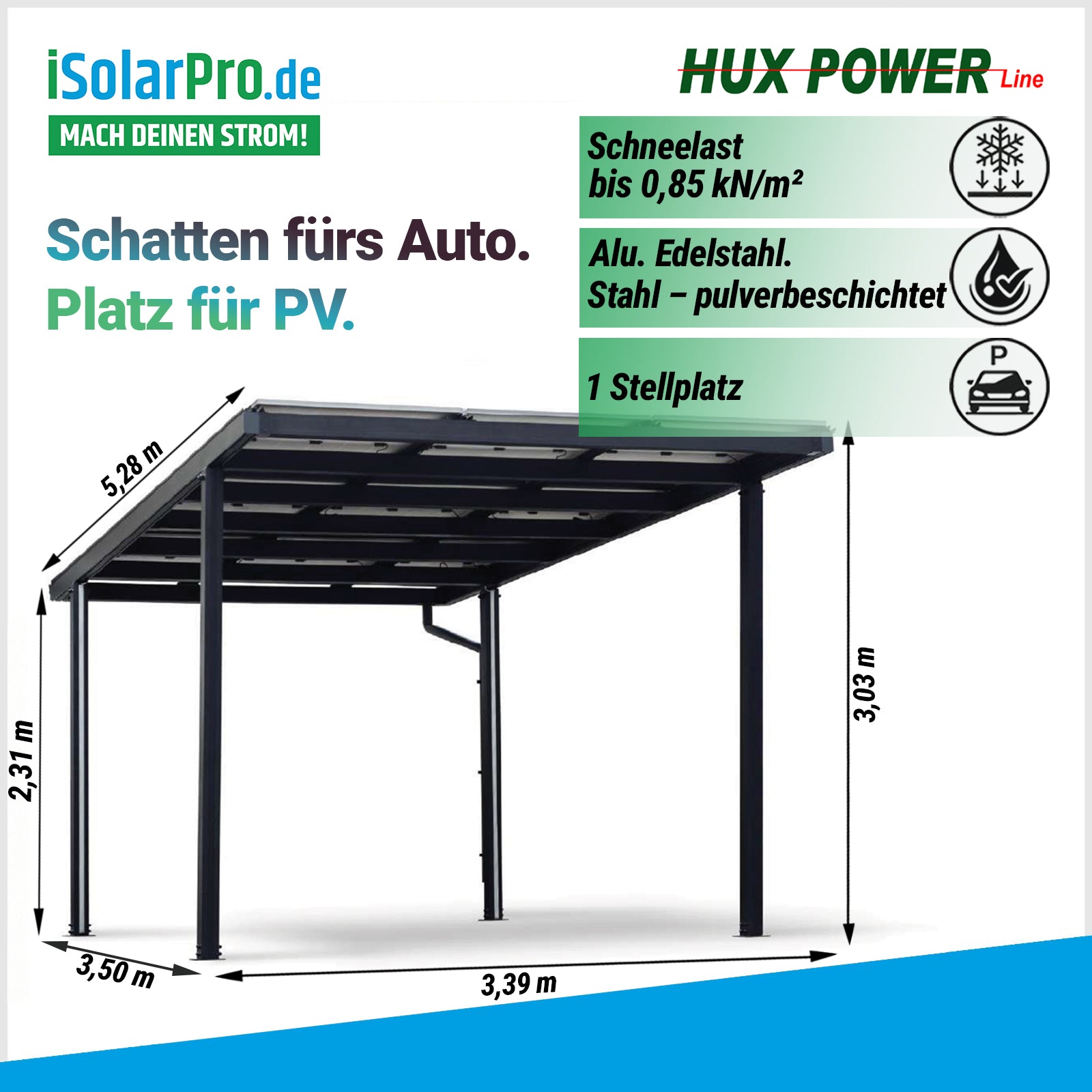HUX-POWER® Solar-Carport Single · 1 Stellplatz · 5280*3030*3390 mm · Aluminiumkonstruktion bis 9 Solarmodule (ohne Solarmodule)