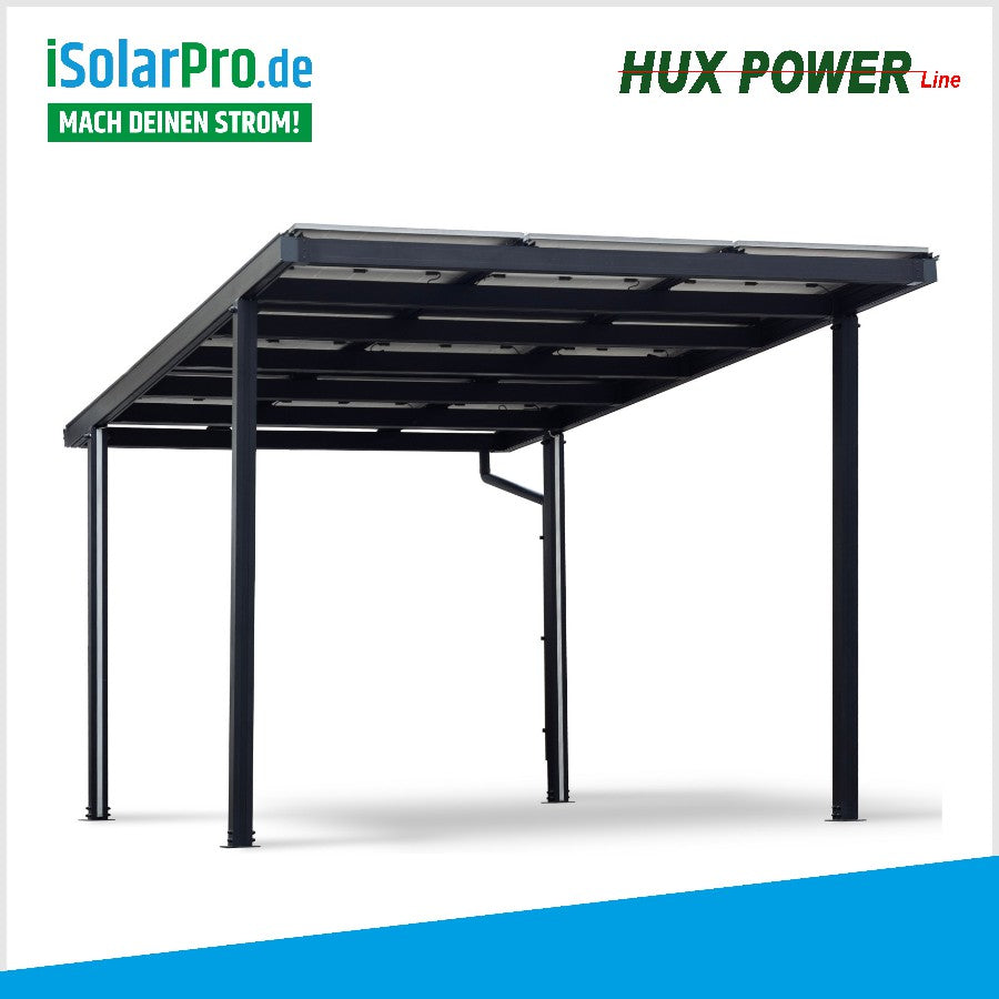 HUX-POWER Solar-Carport Single Ā· 1 Stellplatz Ā· 5280*3030*3390 mm Ā·inkl. 9x 435W SoliTek Solarmodule - Bifacial Glas-Glas TRANSPARENT