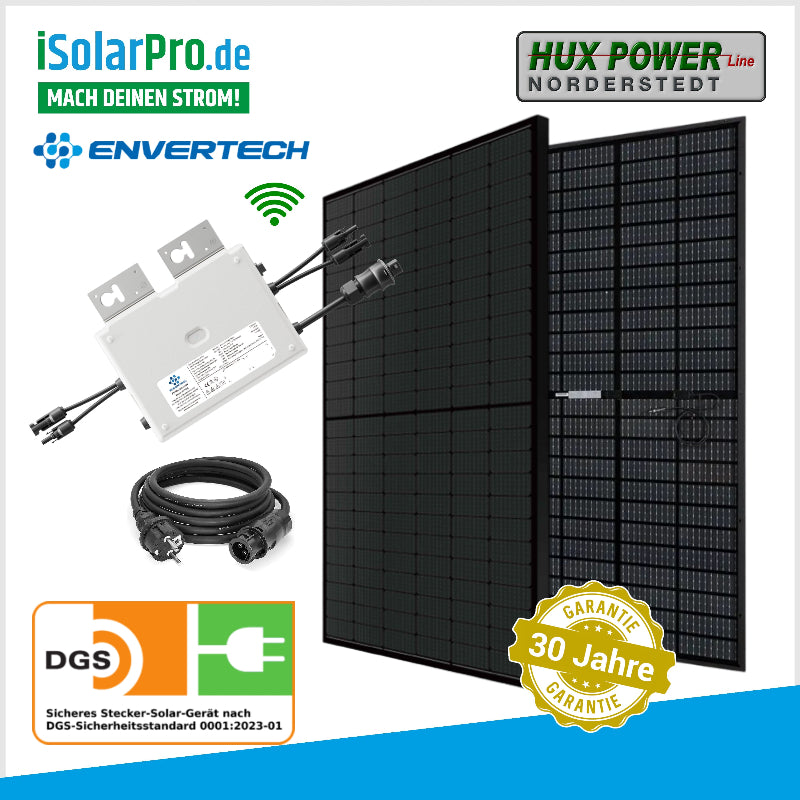 860/800W Balkonkraftwerk Komplettset / 2x 430W HUX-POWER N-Type TRANSPARENT Doppelglas Solarmodule + 800W ENVERTECH Wechselrichter
