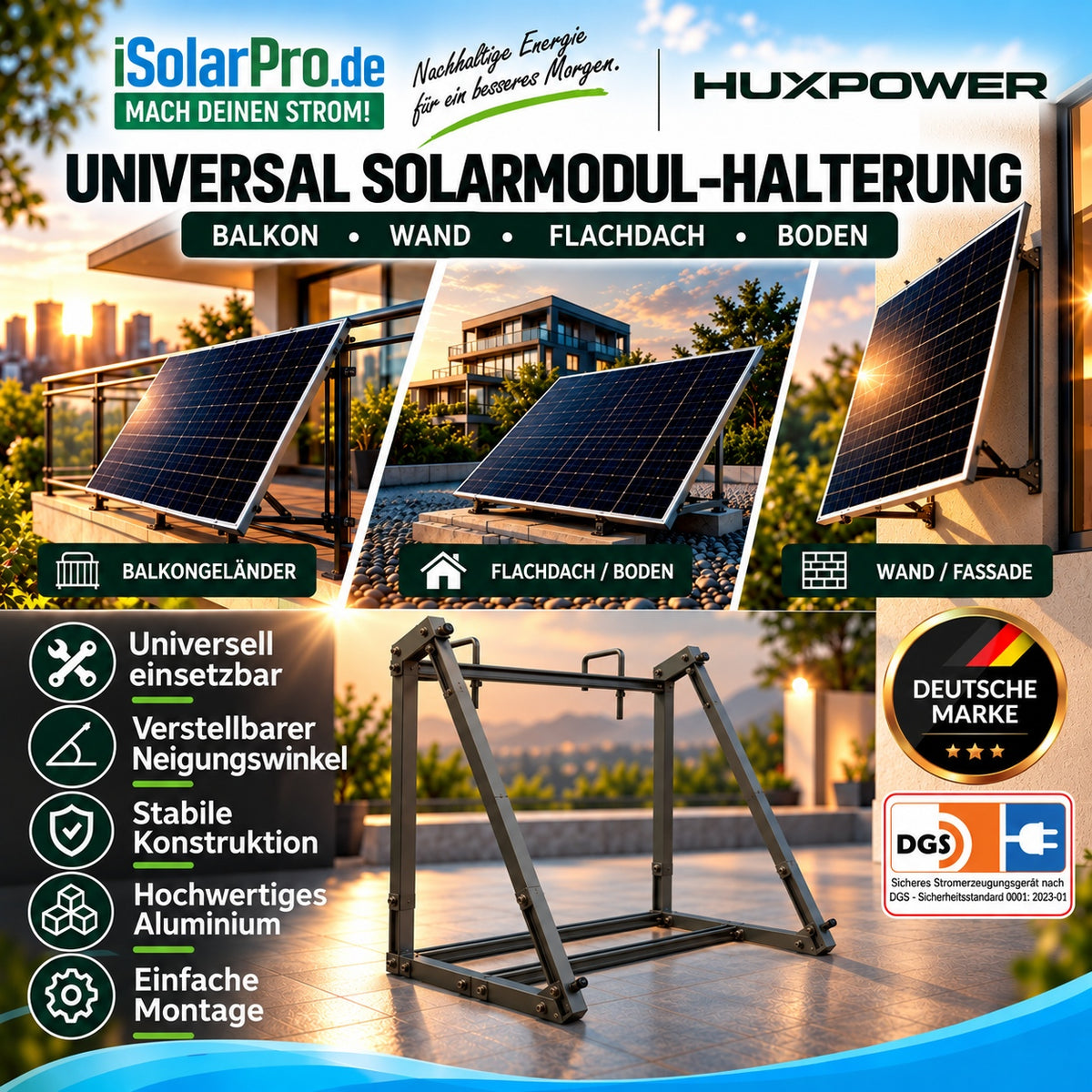 iSolarPro HUXPOWER universale Solarmodul-Halterung Infografik für Balkon, Wand, Flachdach und Boden mit verstellbarem Neigungswinkel und robuster Aluminium-Konstruktion