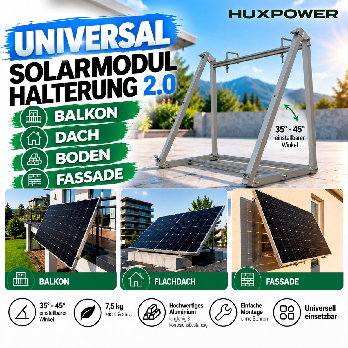 HUXPOWER® Universal 2.0 Solarmodul-Halterung - Balkon, Wand, Flachdach & Boden