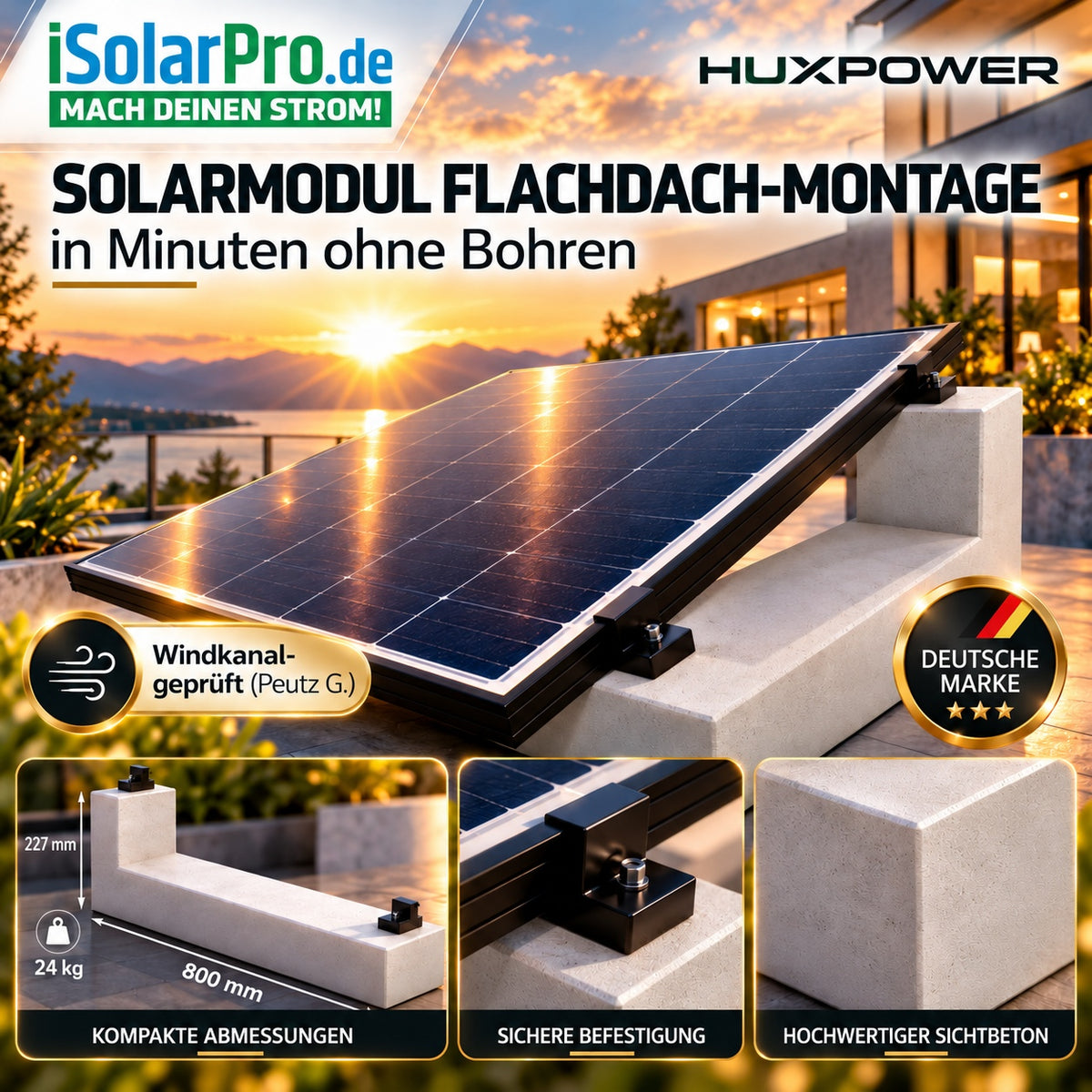 HUXPOWER® 10° – Flachdachaufständerung für Solar PV-Module aus hochfestem, selbstverdichtendem Beton (C55/67), glatte Oberfläche
