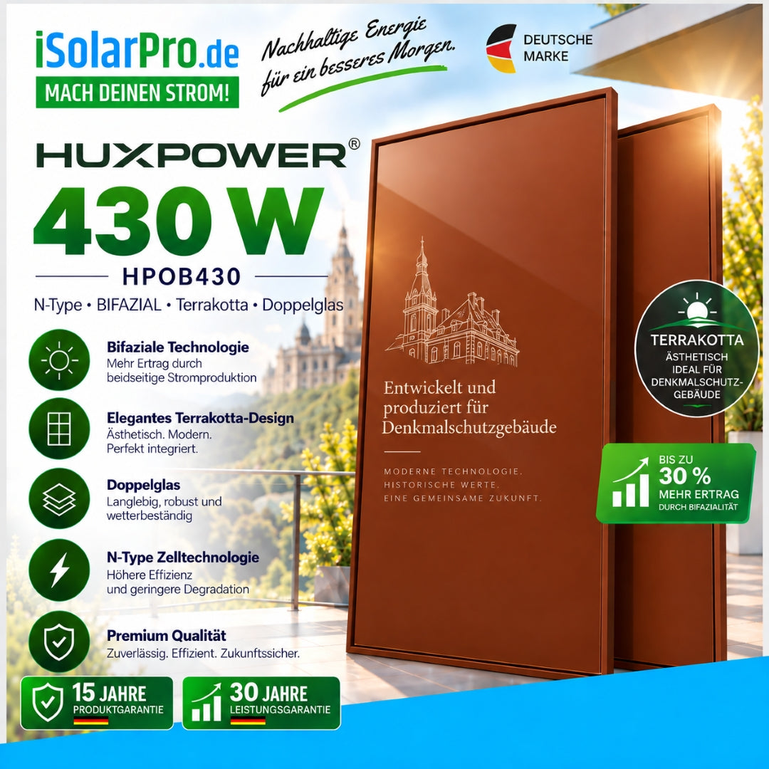 HUXPOWER 430W HPOB430 Terrakotta Bifaziales Solarmodul für Denkmalschutzgebäude