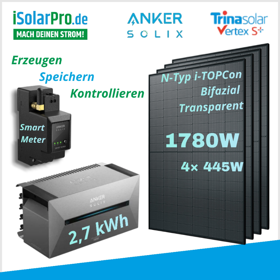 1780W Balkonkraftwerk 445W Trina Vertex S+ mit ANKER Solix Pro 3 2,7kWh + Smart Meter