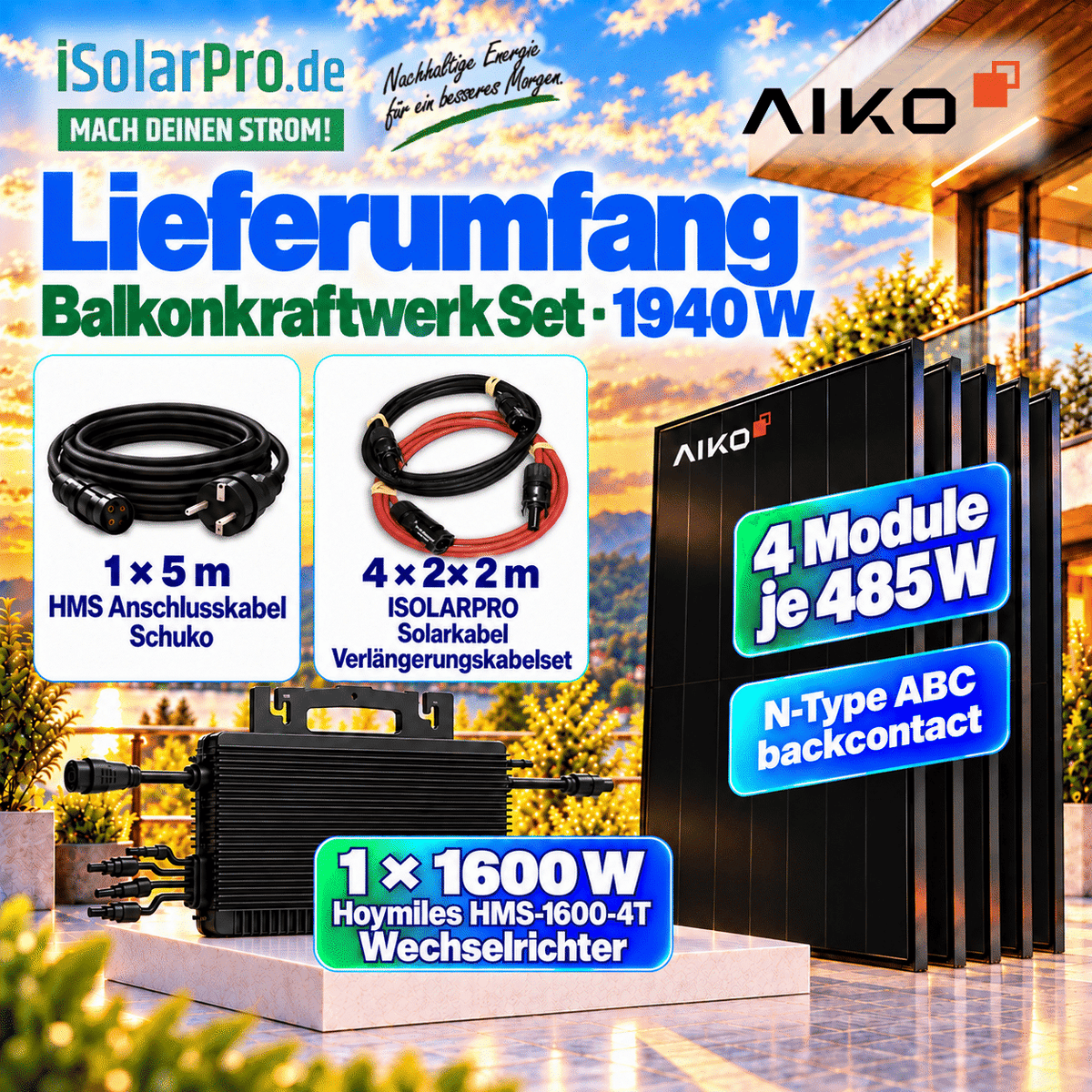 1600W | 1940Wp Balkonkraftwerk Komplettset mit 4x 485W AIKO Neostar 3P+ 54 A-MCE54Dw · 1600W Hoymiles Mikro Wechselrichter HMS-1600-4T +5m HMS Kabel + 4x 2m MC4 Verlängerungsset