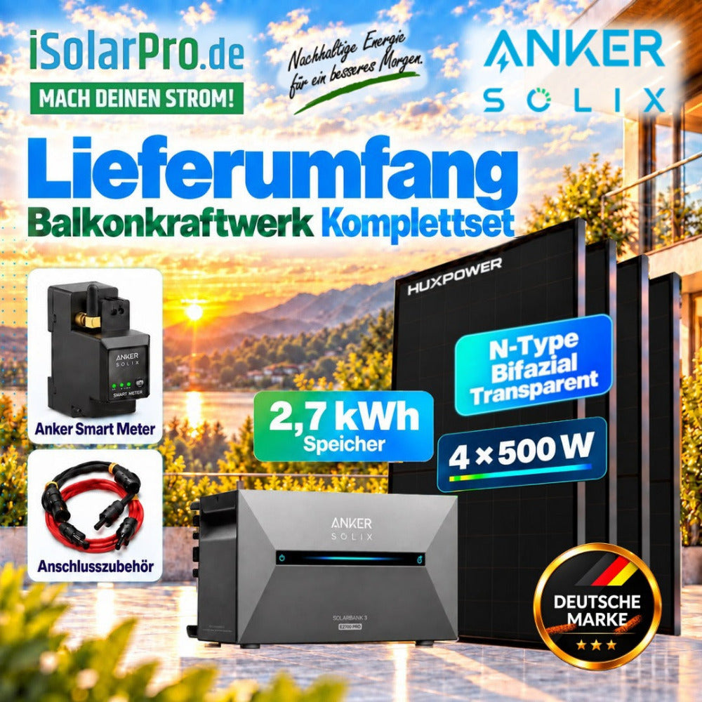 800W | 2000Wp | 2,7kWh ANKER SOLIX 3 Balkonkraftwerk-Set: 4x 500W HUXPOWER® HPTB500 Solarmodul + Solarbank 3 E2700 Pro + Smart Meter