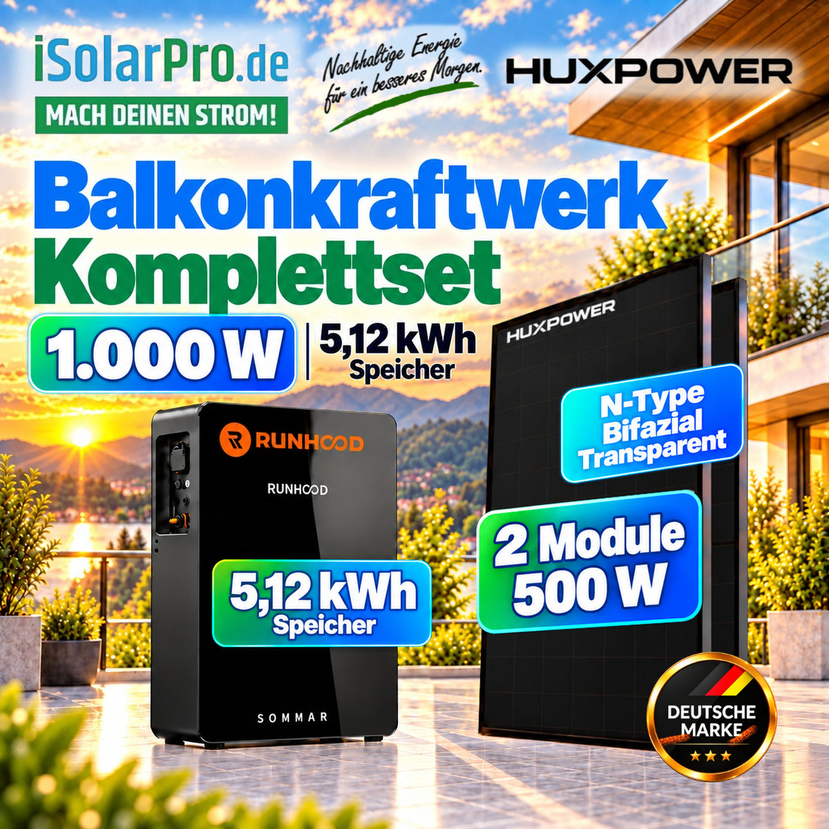 800W (2500W) | 1000Wp | 5,12kWh RUNHOOD SOMMAR R5200 Balkonkraftwerk-Set: 2× 500W HUXPOWER® HPTB500 + Solar-Speicher + Smart Meter