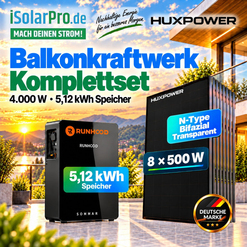 800W (2500W) | 4000Wp | 5,12kWh RUNHOOD SOMMAR R5200 Balkonkraftwerk-Speicher-Set: 8× 500W HUXPOWER® HPTB500 + Shelly Pro 3EM + PV-Anschlusszubehör