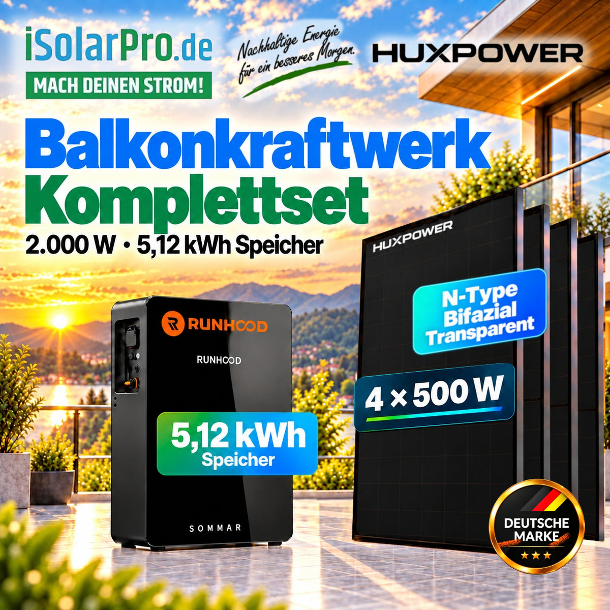 800W (2500W) | 2000Wp | 5,12kWh RUNHOOD SOMMAR R5200 Balkonkraftwerk-Set: 4× 500W HUXPOWER® HPTB500 + Solar-Speicher + Shelly Pro 3EM